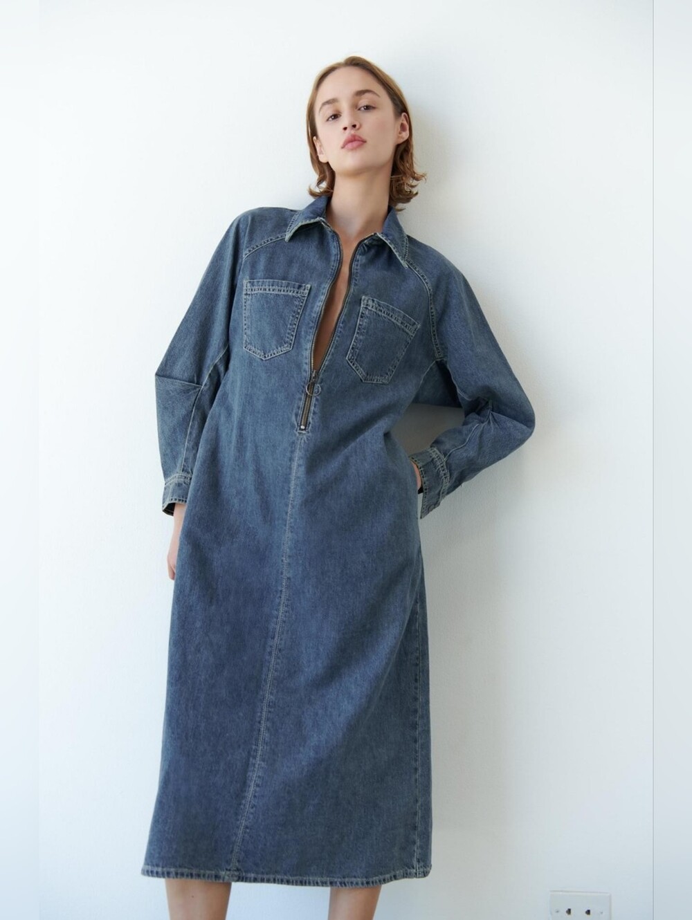 zara trf denim midi dress long sleeves front half zip Medium Blue Nwt